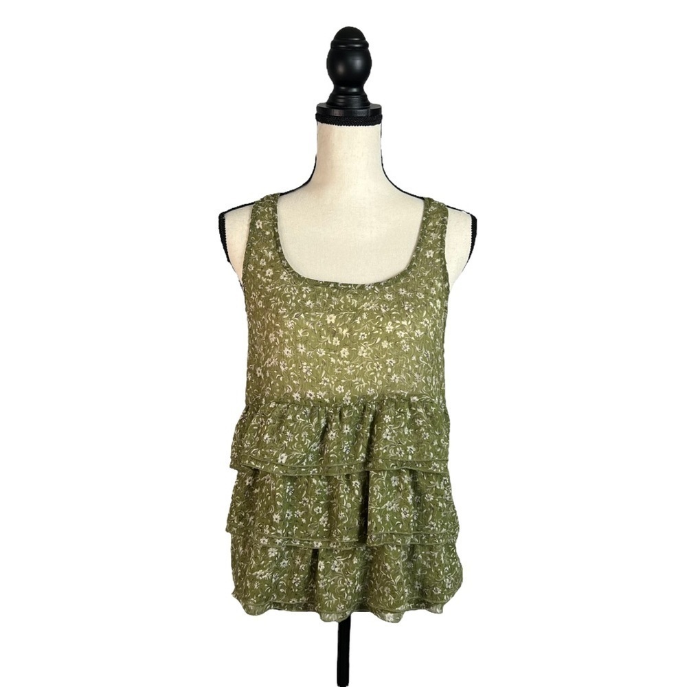 Pins & Needles UO Y2K Fairycore Ruffle Tank Sage Green Floral Sheer Medium
